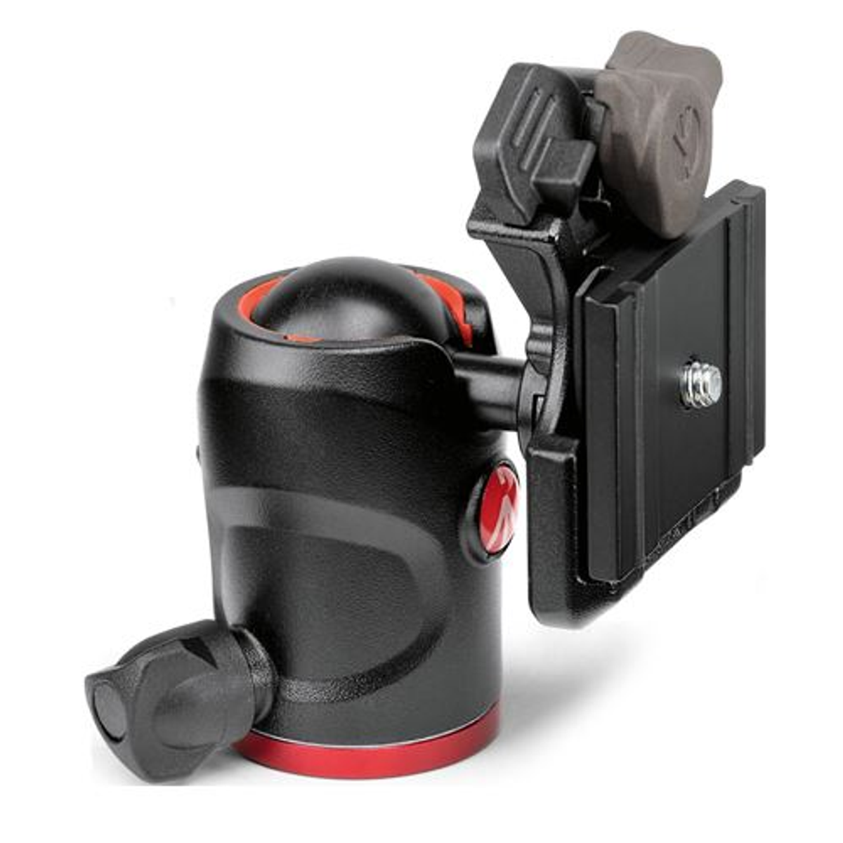 Zwarte en rode statiefkop voor camera. Metalen en plastic componenten. Rood Manfrotto logo aan de zijkant.