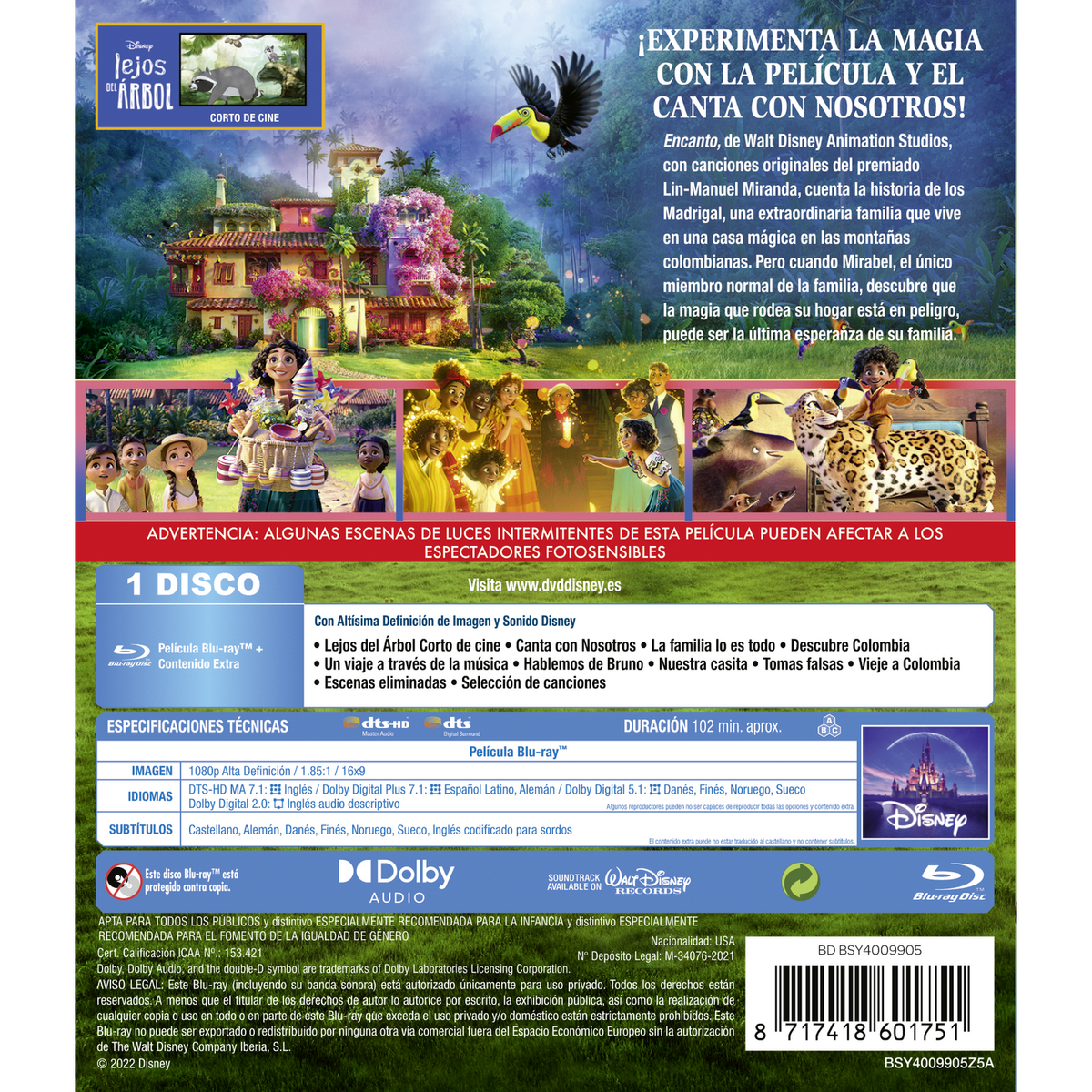 Portada de Blu-ray de 'Encanto', con escenas coloridas y texto sobre la película.