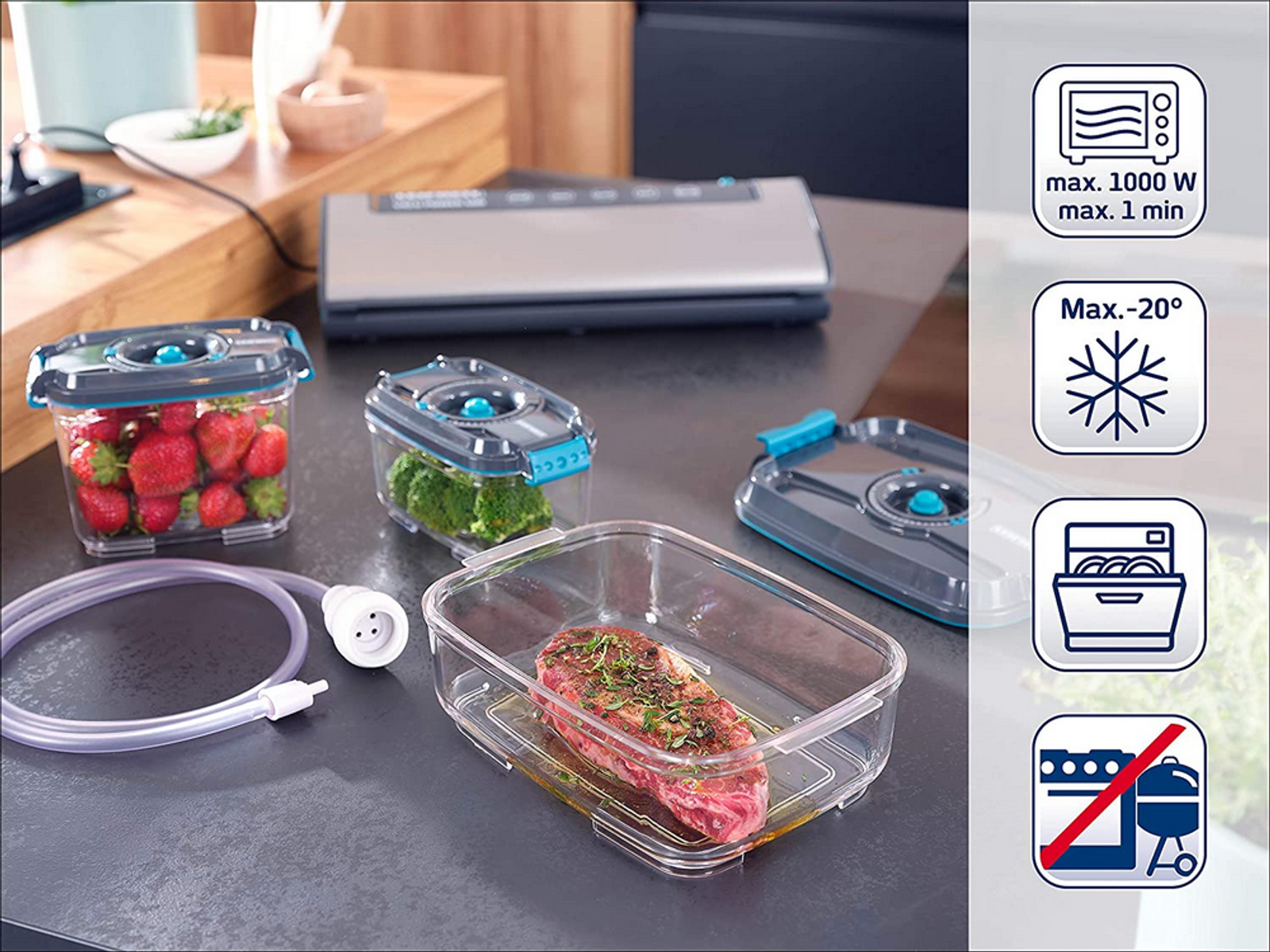 Contenedores de alimentos y una selladora al vacío en una encimera. Iconos de microondas, congelador y parrilla.