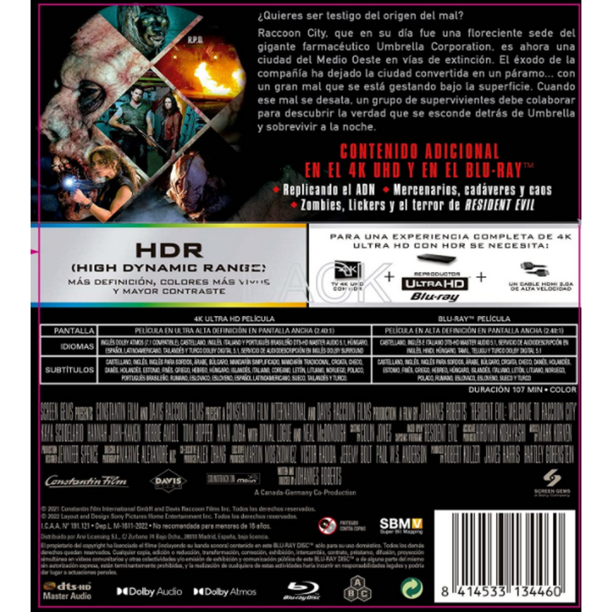 Portada de la película Resident Evil en Blu-ray. Personajes y texto sobre fondo oscuro. Texto rojo y blanco.