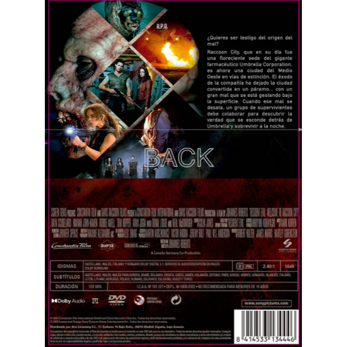 Parte trasera de una caja de DVD con imágenes de la película Resident Evil: Retribution.