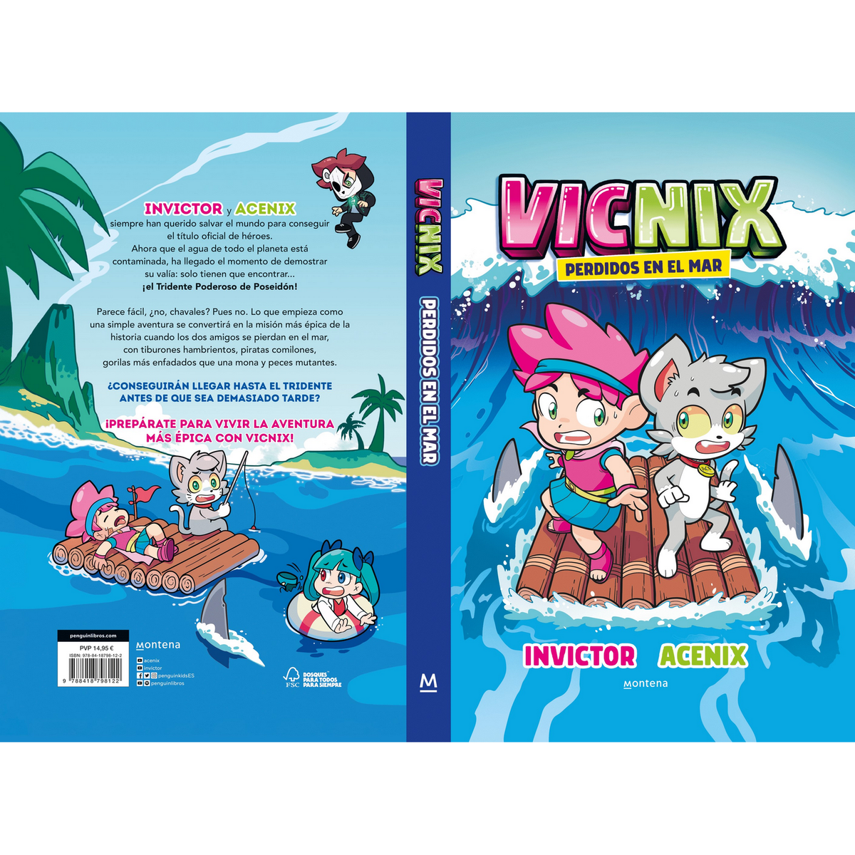 Portada de libro con personajes de dibujos animados en una balsa. El título dice 'Vicnix Perdidos en el mar'.