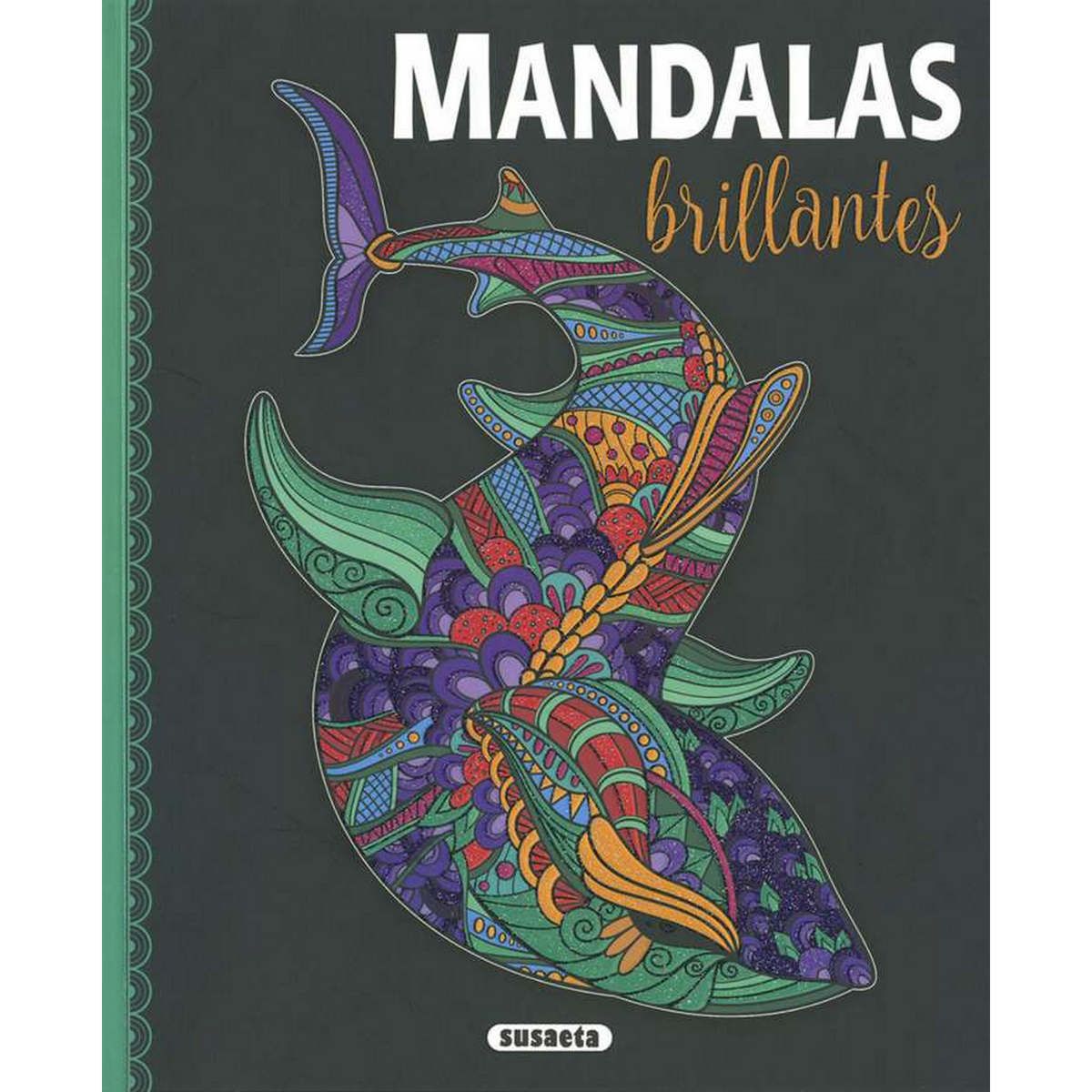 Portada del libro para colorear: Diseño de tiburón con patrones y colores intrincados. El título dice Mandalas.