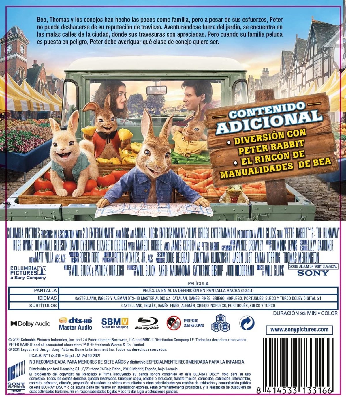 Contraportada 'Peter Rabbit'. Conejos y personas, un camión y texto. Fondo blanco.
