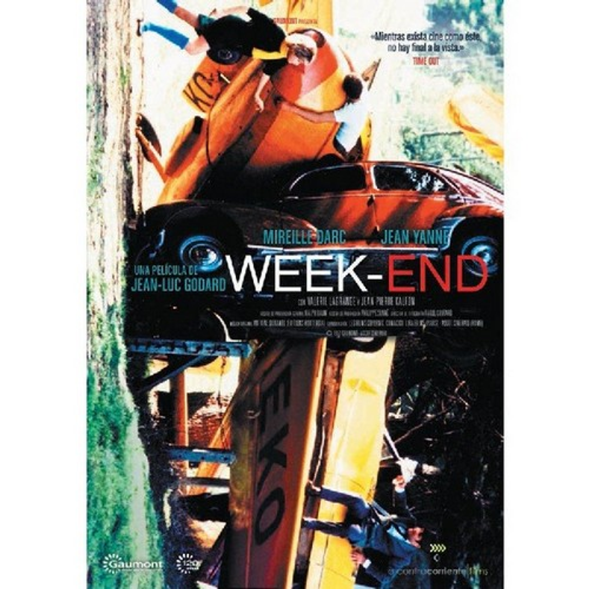 Cartel de película con un coche en el aire, personas y el título 'Week-End'.