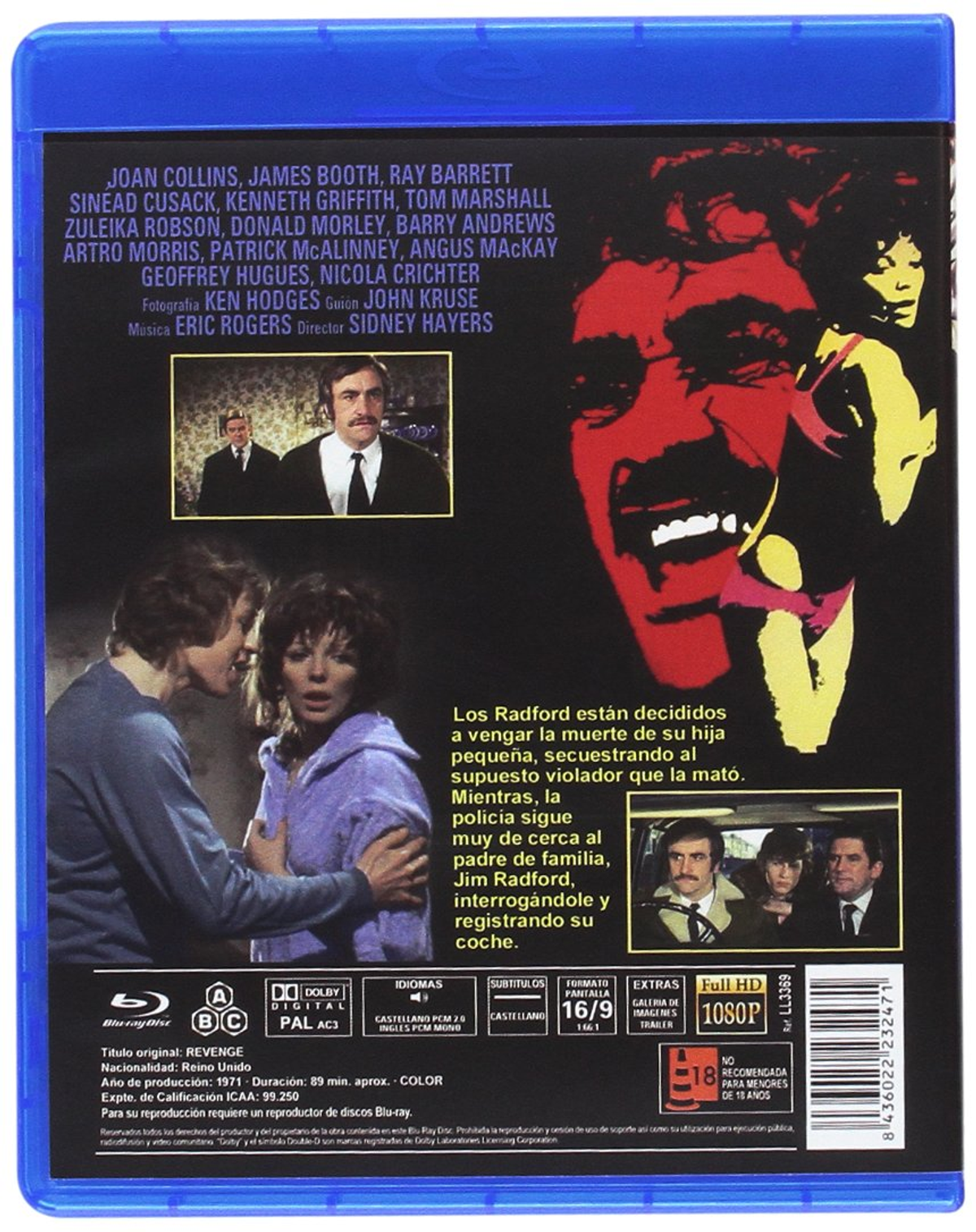 Contraportada Blu-ray: Información de la película 'Revenge', elenco y fotogramas. Incluye advertencias, especificaciones e imágenes.