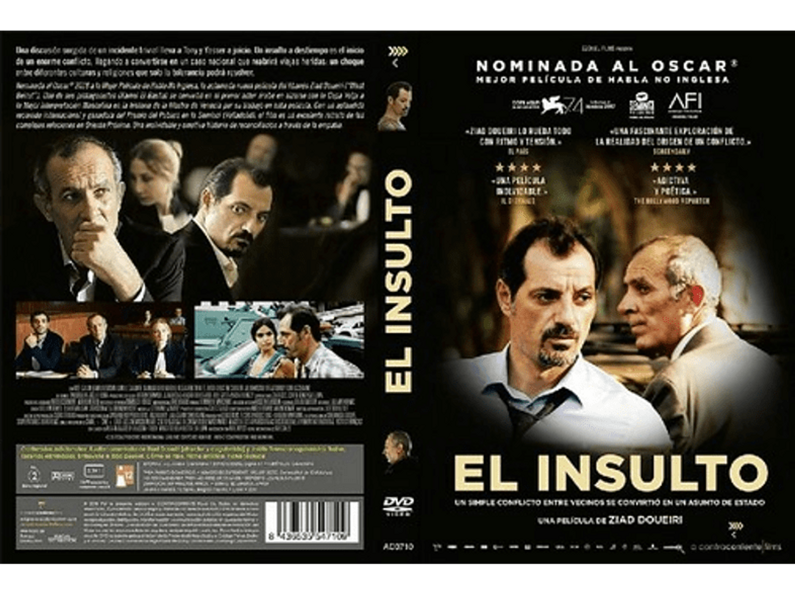 Portada de DVD de la película 'El Insulto' con imágenes de dos hombres y texto en varios idiomas.