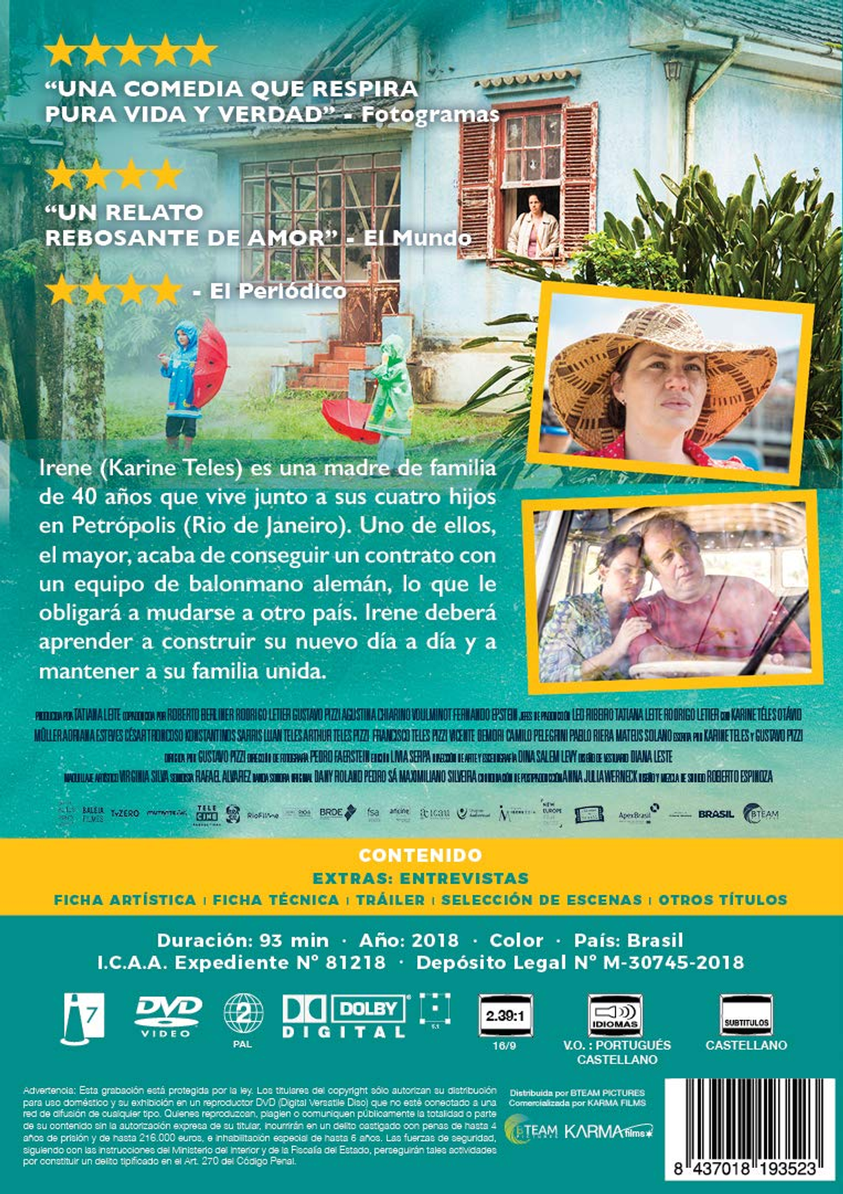 Contraportada de DVD: Mujer con sombrero y otras personas en un autobús. Título: Irene. Texto y reseñas.