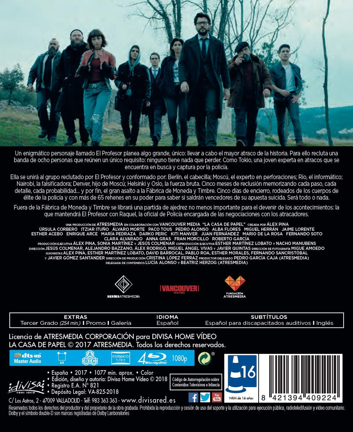 Contraportada del DVD 'La Casa de Papel'. Los miembros del reparto están al fondo.