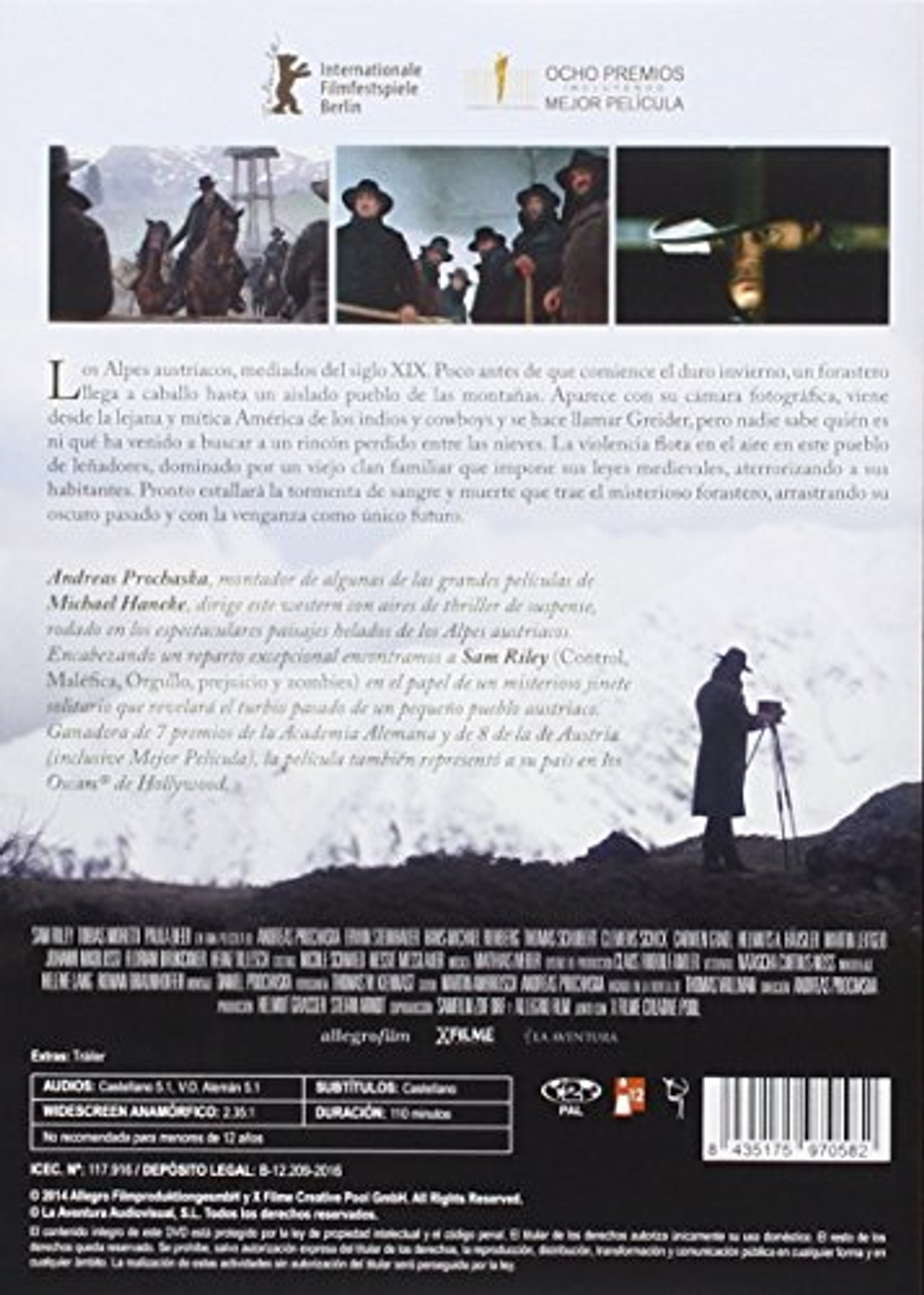 Cartel de película con montañas nevadas, jinetes a caballo y un hombre con abrigo largo. Texto en español.