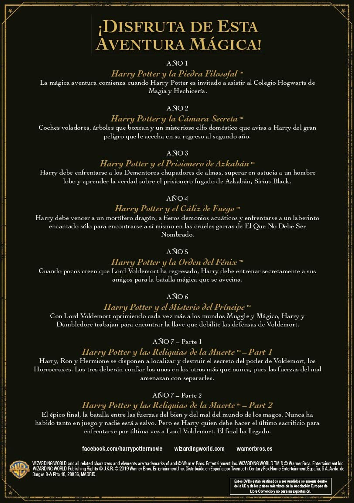 Un cartel con texto sobre las películas de Harry Potter en español. Hay muchas imágenes en el cartel.