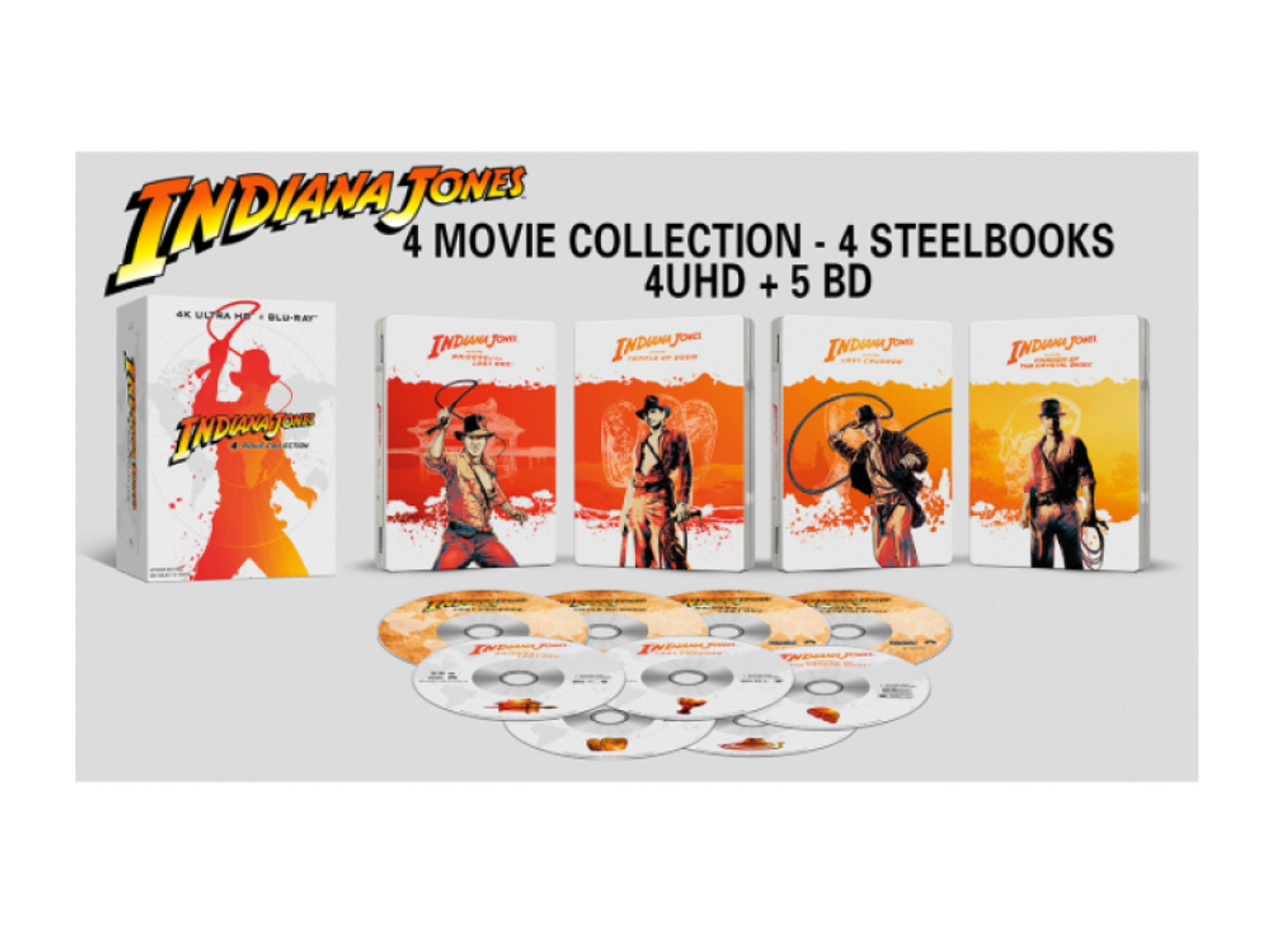 Colección de películas de Indiana Jones: 4 steelbooks y DVD. Incluye carteles de películas icónicas.