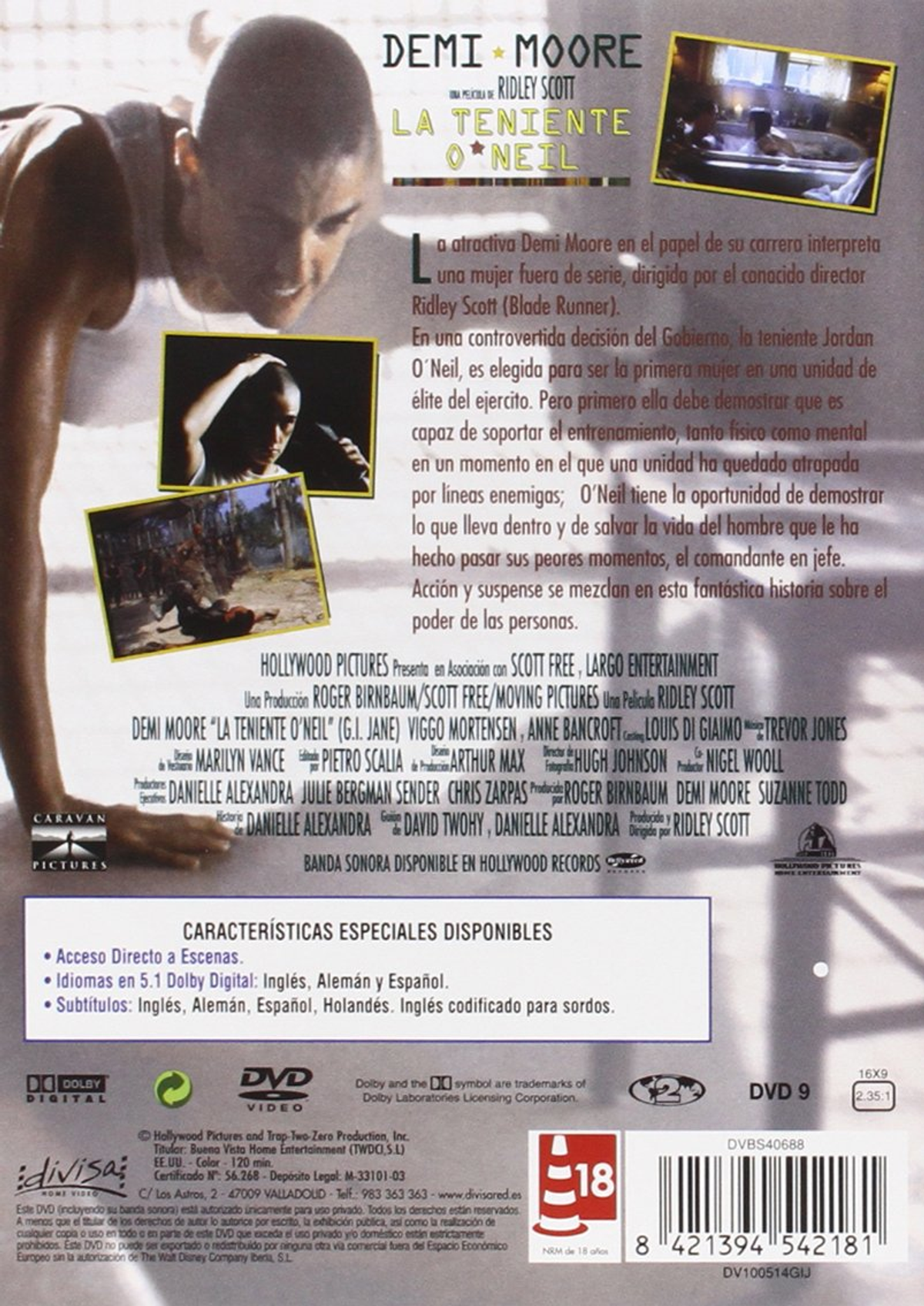 Portada de DVD de La Teniente O'Neil. Demi Moore en pose militar. Fondo con texto e imágenes.