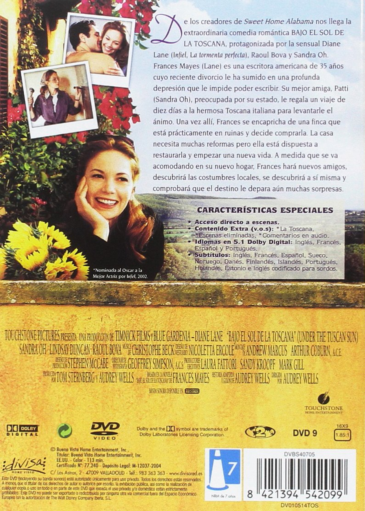 Contraportada de DVD con imágenes de una mujer y girasoles, con texto sobre la película 'Bajo el sol de la Toscana'.