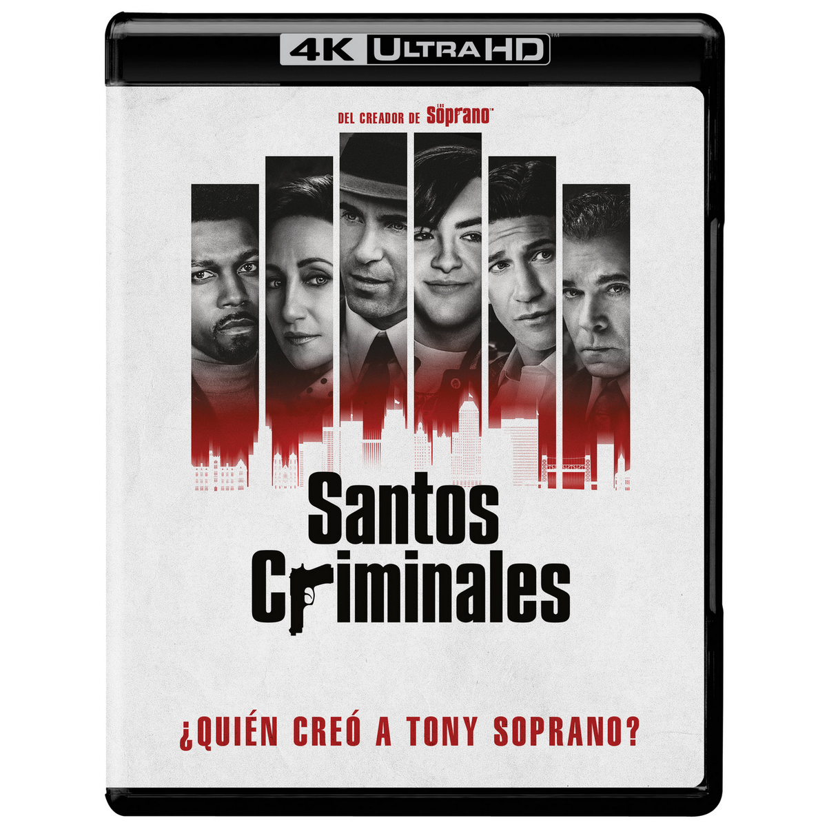 Portada de la película "The Many Saints of Newark". Las caras de los actores están separadas por líneas verticales.