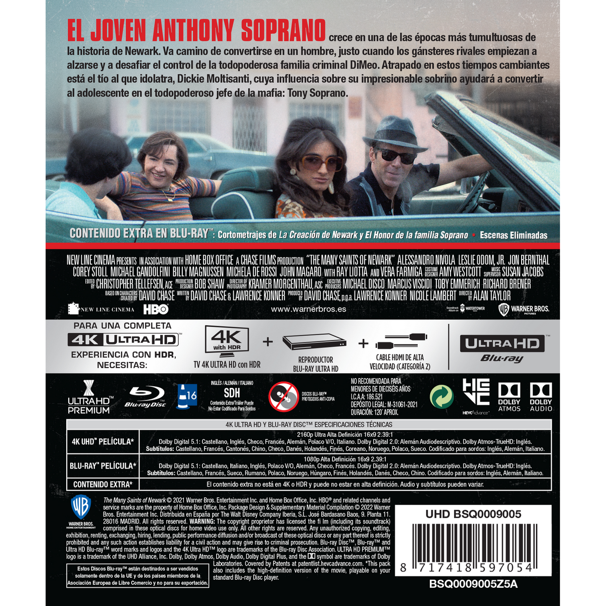 Portada de Blu-ray de 'The Many Saints of Newark' con texto, actores y logotipo.