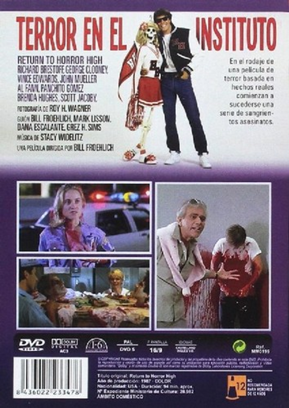 Portada de DVD de 'Terror en el Instituto'. Un hombre con disfraz de esqueleto y una mujer.