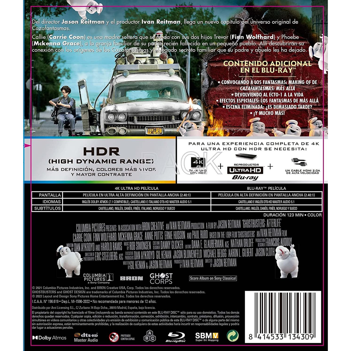 Contraportada Blu-ray, 'Ghostbusters: Afterlife', con elenco, texto y logotipos.