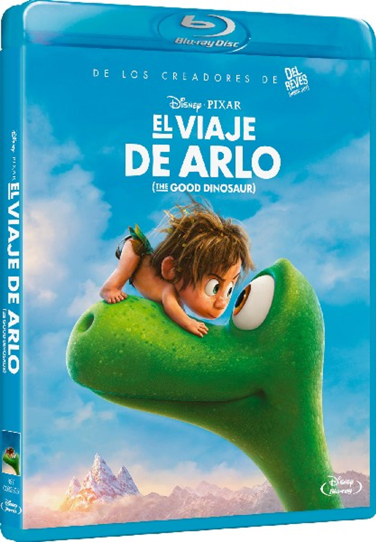 Portada de Blu-ray de una película con un dinosaurio de dibujos animados y un niño sobre un fondo de cielo.