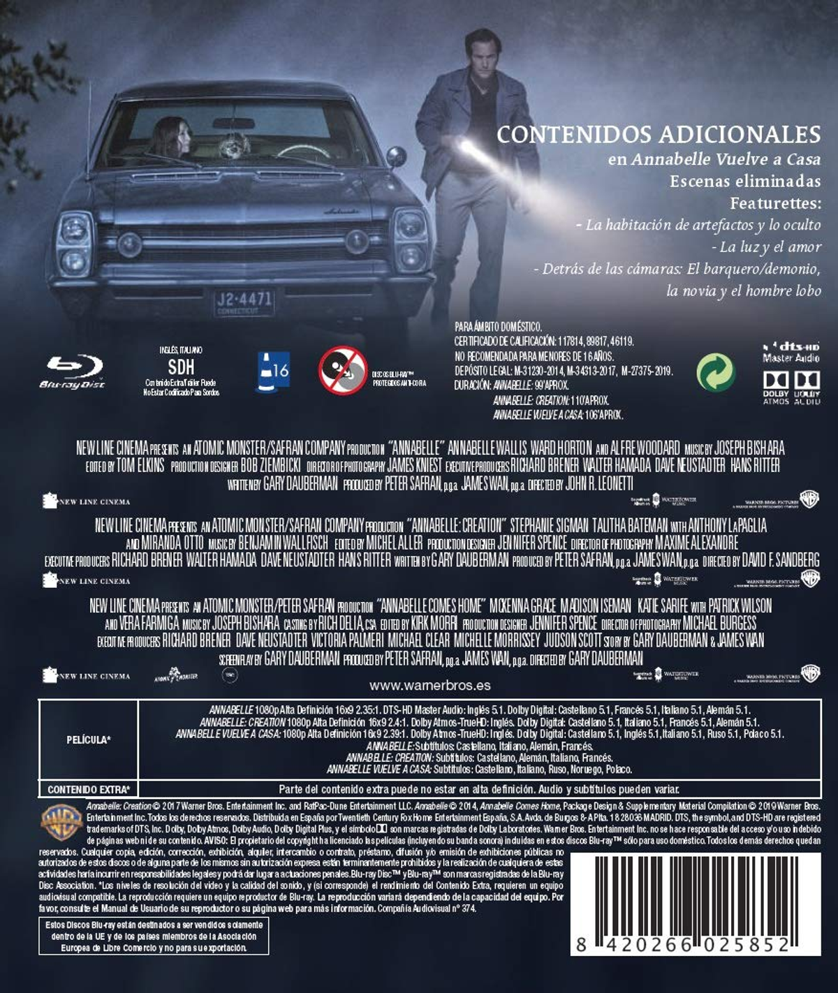 Contraportada del DVD: Annabelle Vuelve a Casa. Texto en español. Imágenes de la película.