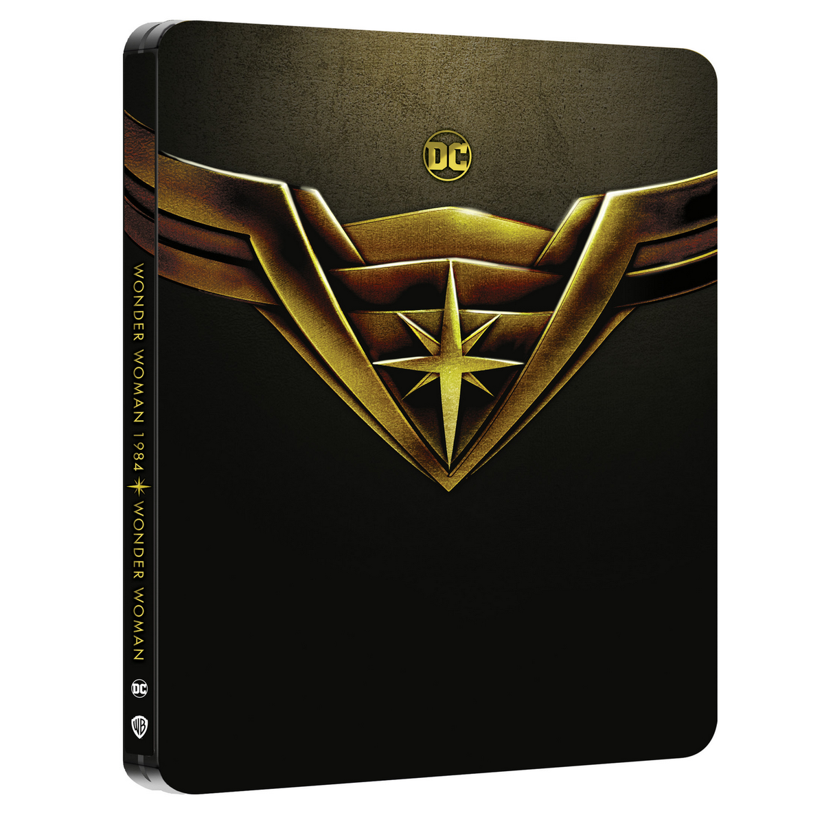 Wonder Woman 1984 steelbook. Logotipo dorado sobre fondo negro con el logo de DC.