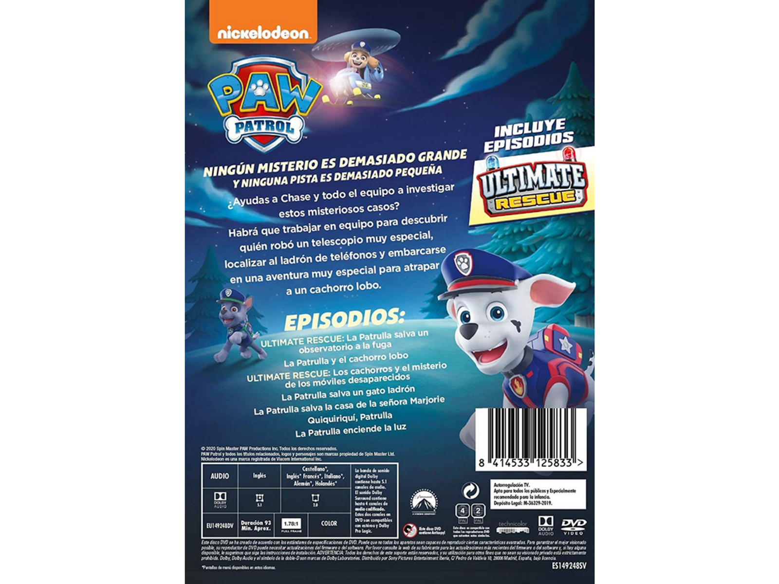 Portada de DVD. Dibujos animados de Paw Patrol. Fondo azul, personajes y texto en español.