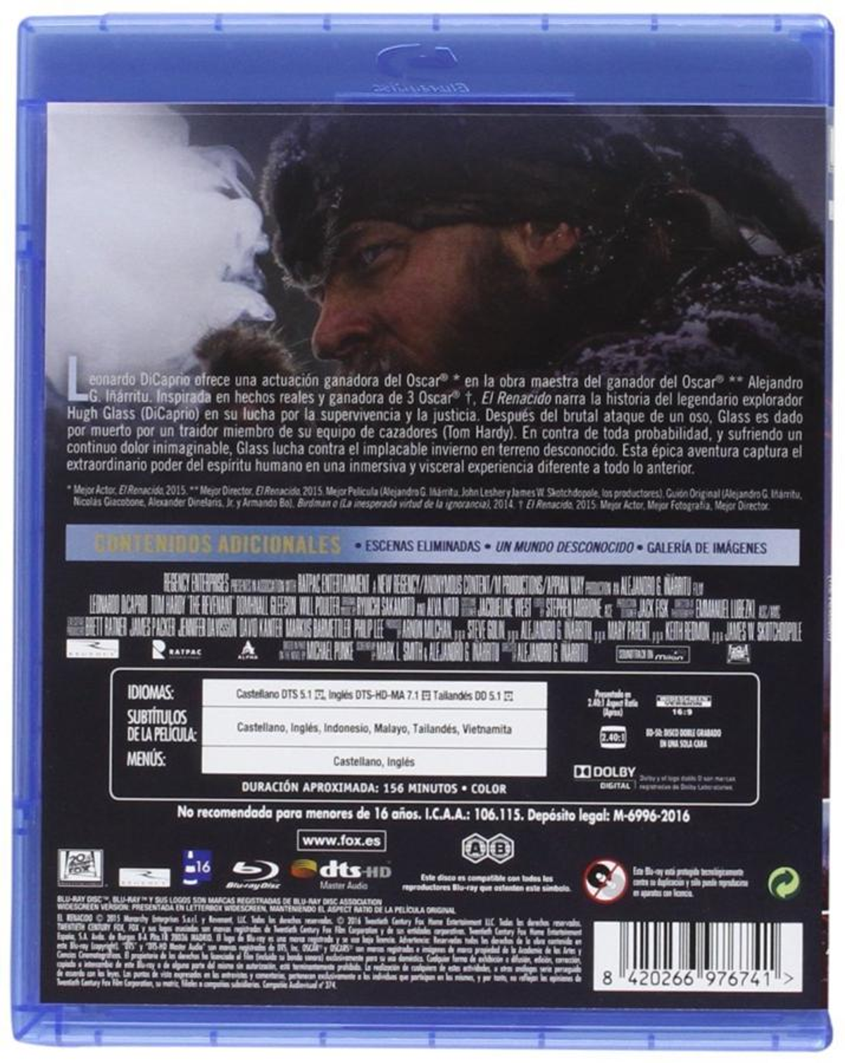Contraportada del DVD: 'El renacido'. Texto en español sobre la película. Estuche azul.