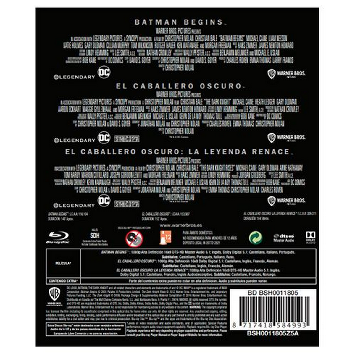 Caja de DVD con texto en español. Los títulos son "Batman Begins", "El Caballero Oscuro" y "La Leyenda Renace".