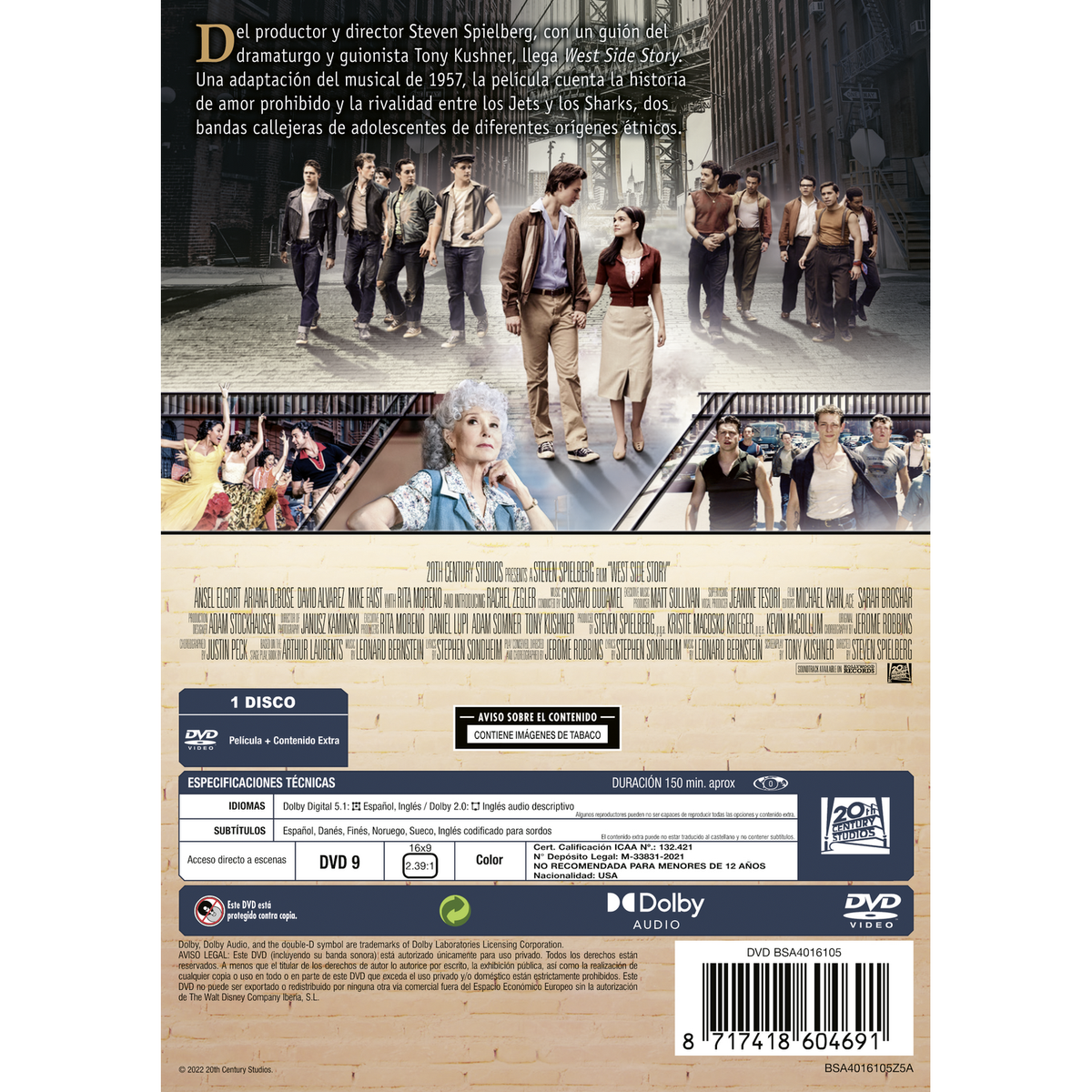 Contraportada del DVD: información de la película 'West Side Story', elenco y fotogramas. Contiene advertencias y especificaciones.