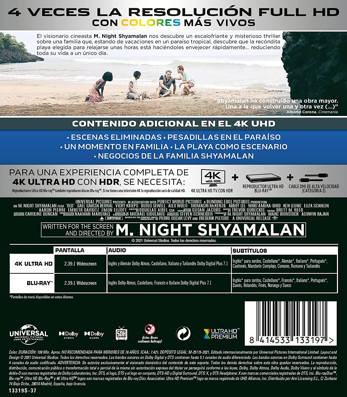 Póster de película. Escena de playa con gente, texto en español y logo 4K Ultra HD.