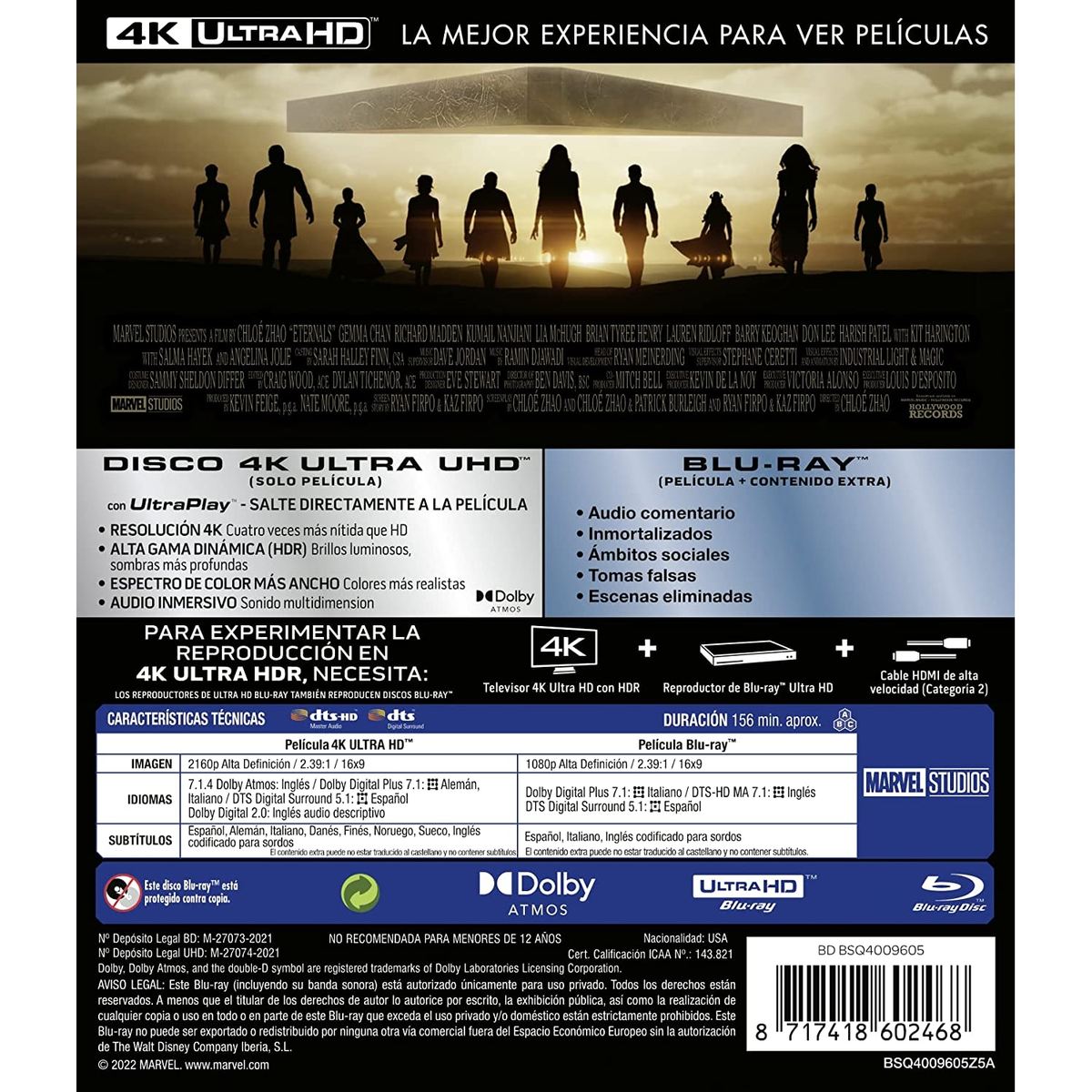 Contraportada de DVD con texto e imágenes de personas. El título es 'Eternals' y más información.