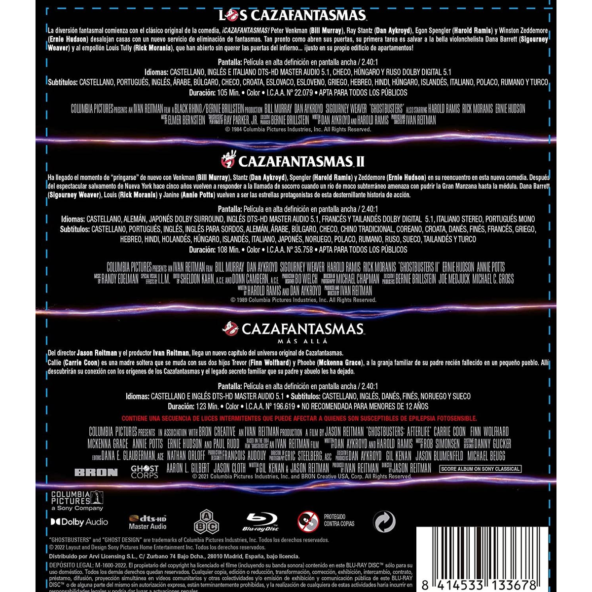 Portada de película: Parte trasera de una caja de Blu-ray con texto e imágenes de la película, Cazafantasmas, con un logo rojo sin fantasma.