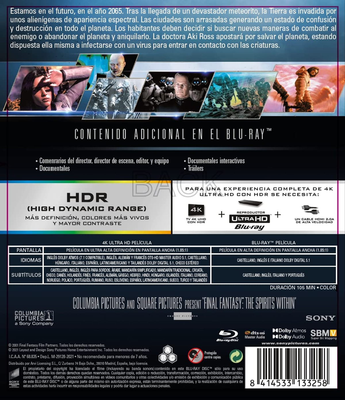 Portada de Blu-ray de 'Final Fantasy: The Spirits Within'. Muestra personajes y texto en varios idiomas.