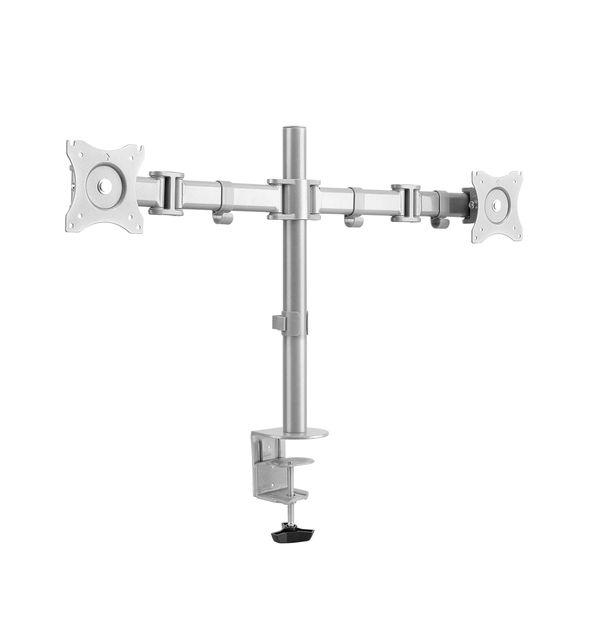 A silver dual monitor arm with a clamp base, attached to a desk.