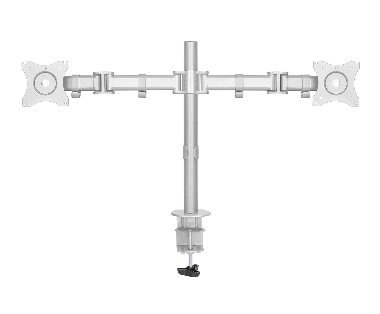 Silver dual monitor desk mount with adjustable arms and clamp.