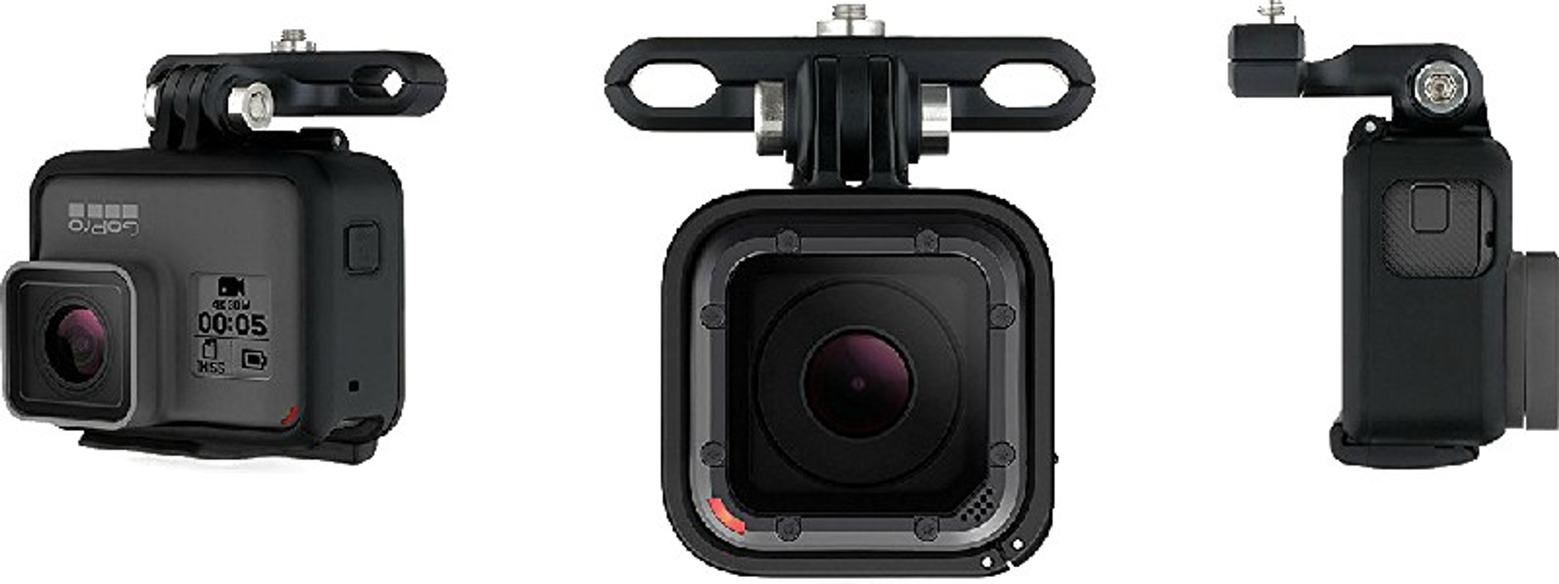 Tres vistas de una cámara GoPro negra con soporte. La pantalla muestra la hora y un icono de cámara.