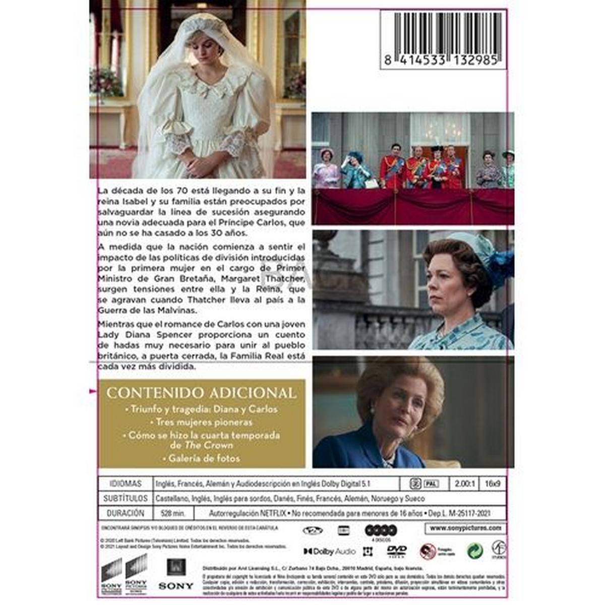 Portada de DVD con una mujer con vestido blanco, texto en español. Reverso del DVD The Crown.