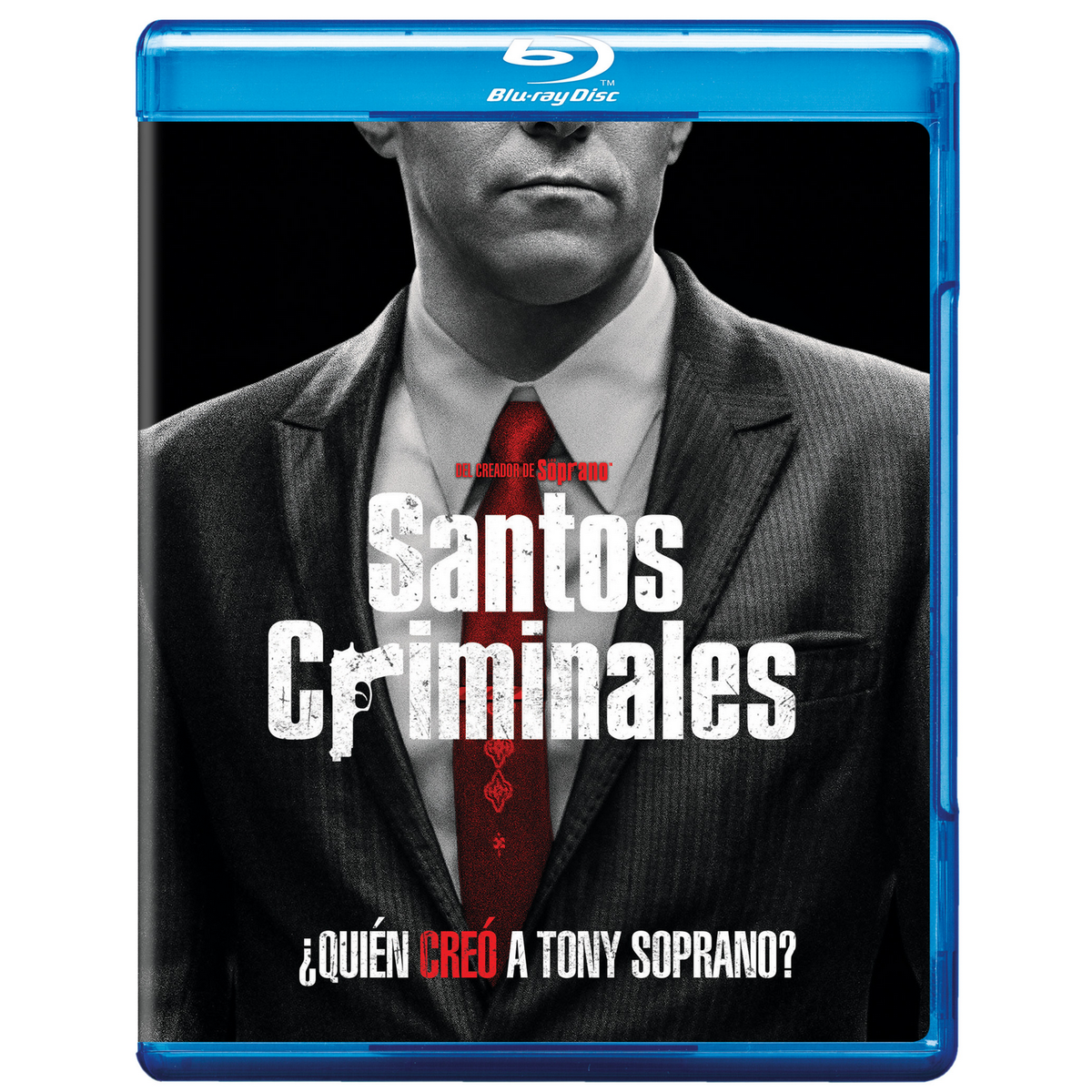 Caja de Blu-ray con un hombre en traje, una pistola y texto.