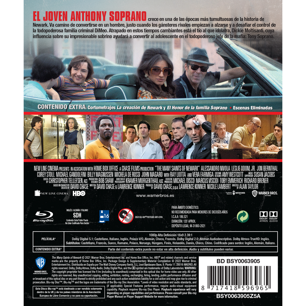 Funda de DVD: trasera, con texto en español, créditos, elenco y detalles de la película sobre 'The Many Saints of Newark'.