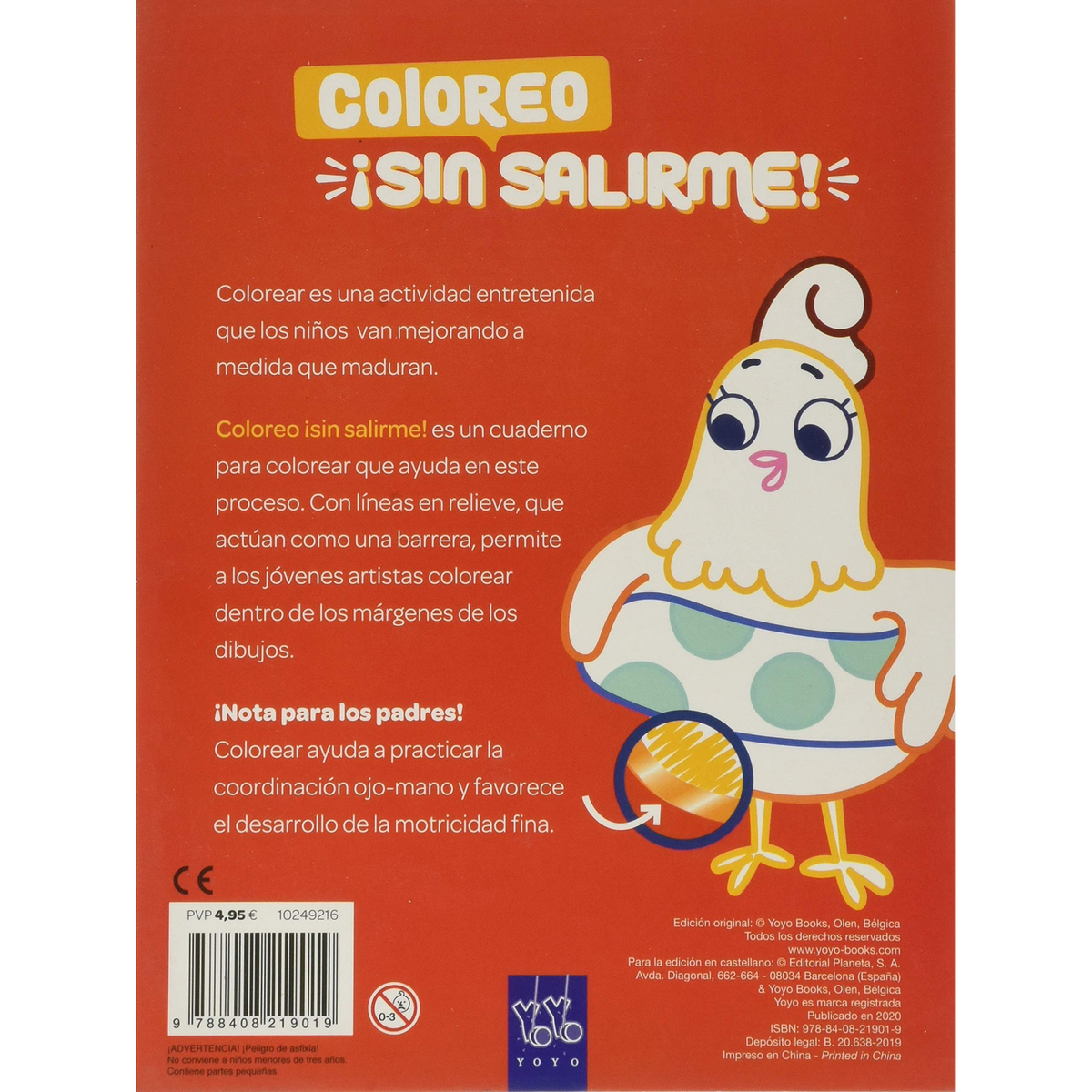 Contraportada libro infantil. Ilustración gallina con texto. Texto en español.