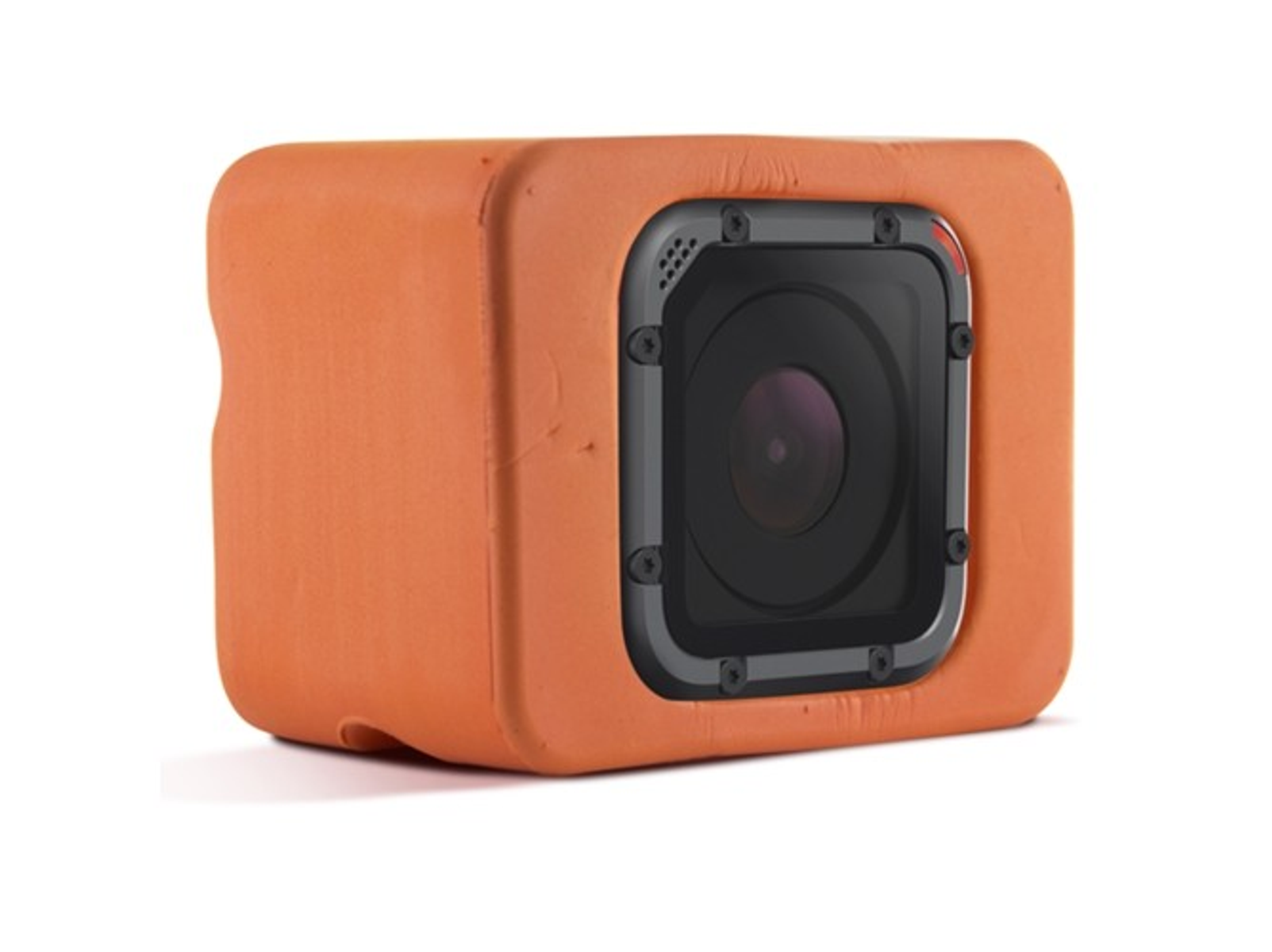 Cámara GoPro en carcasa protectora naranja, forma cuadrada, lente frontal visible.