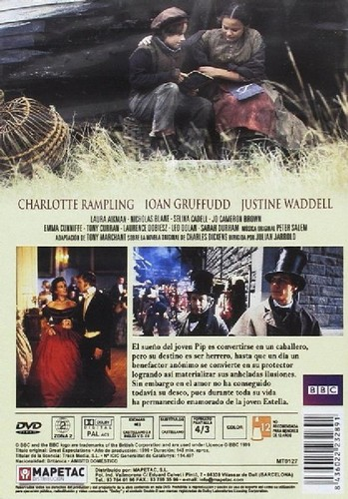 Portada de DVD de Grandes esperanzas. Dos escenas de la película. Una pareja lee, otra baila.
