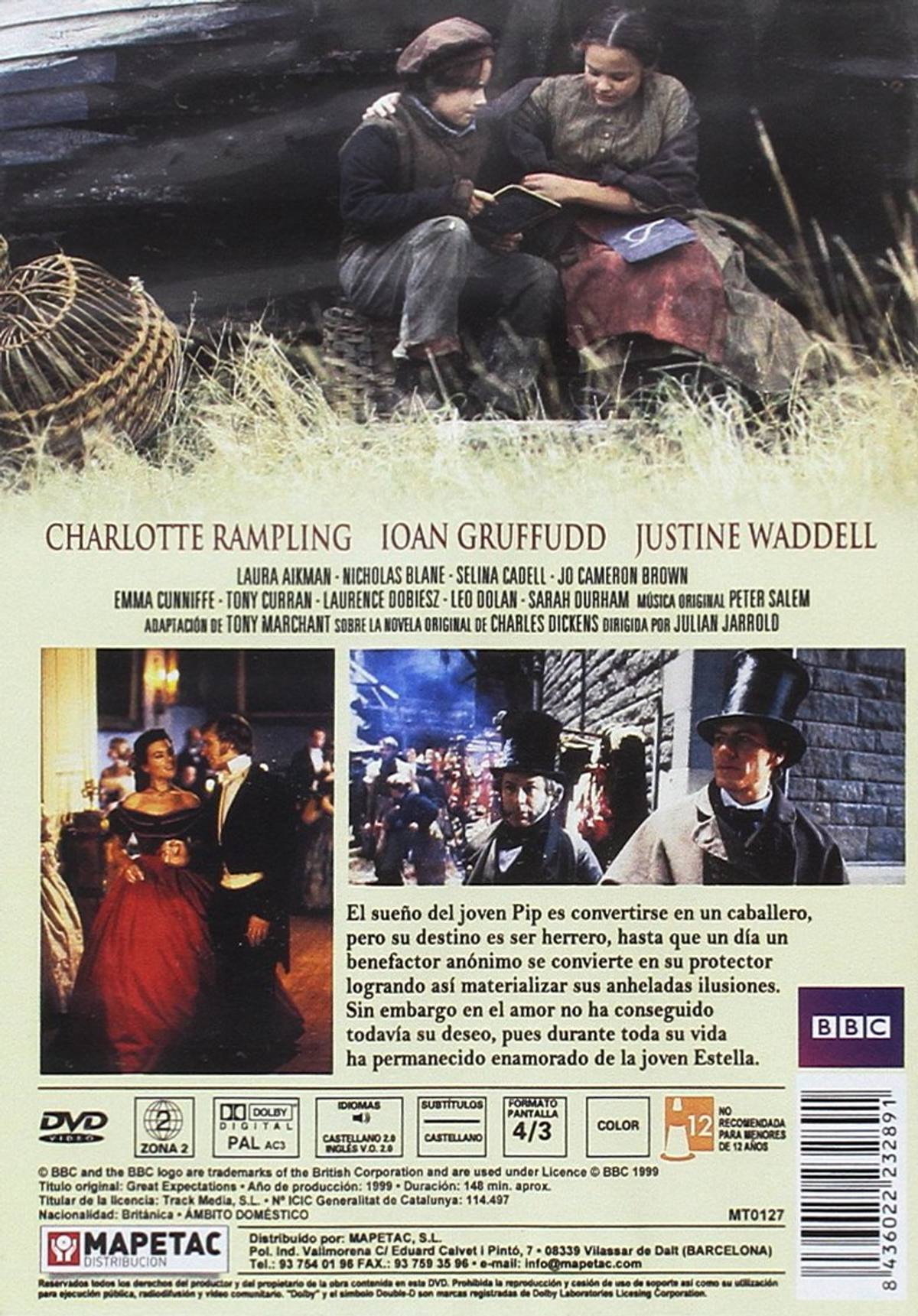 Portada DVD: dos personas leyendo, texto e imágenes de la película 'Great Expectations'.