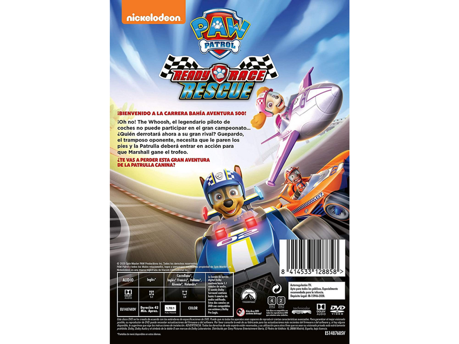 Parte trasera de un DVD de Paw Patrol. Se representan personajes y coches de carreras. El texto está en español.