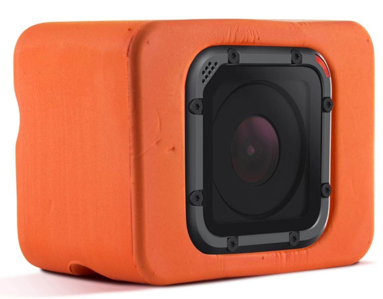 Cámara GoPro naranja en una funda protectora. Lente y botones negros.
