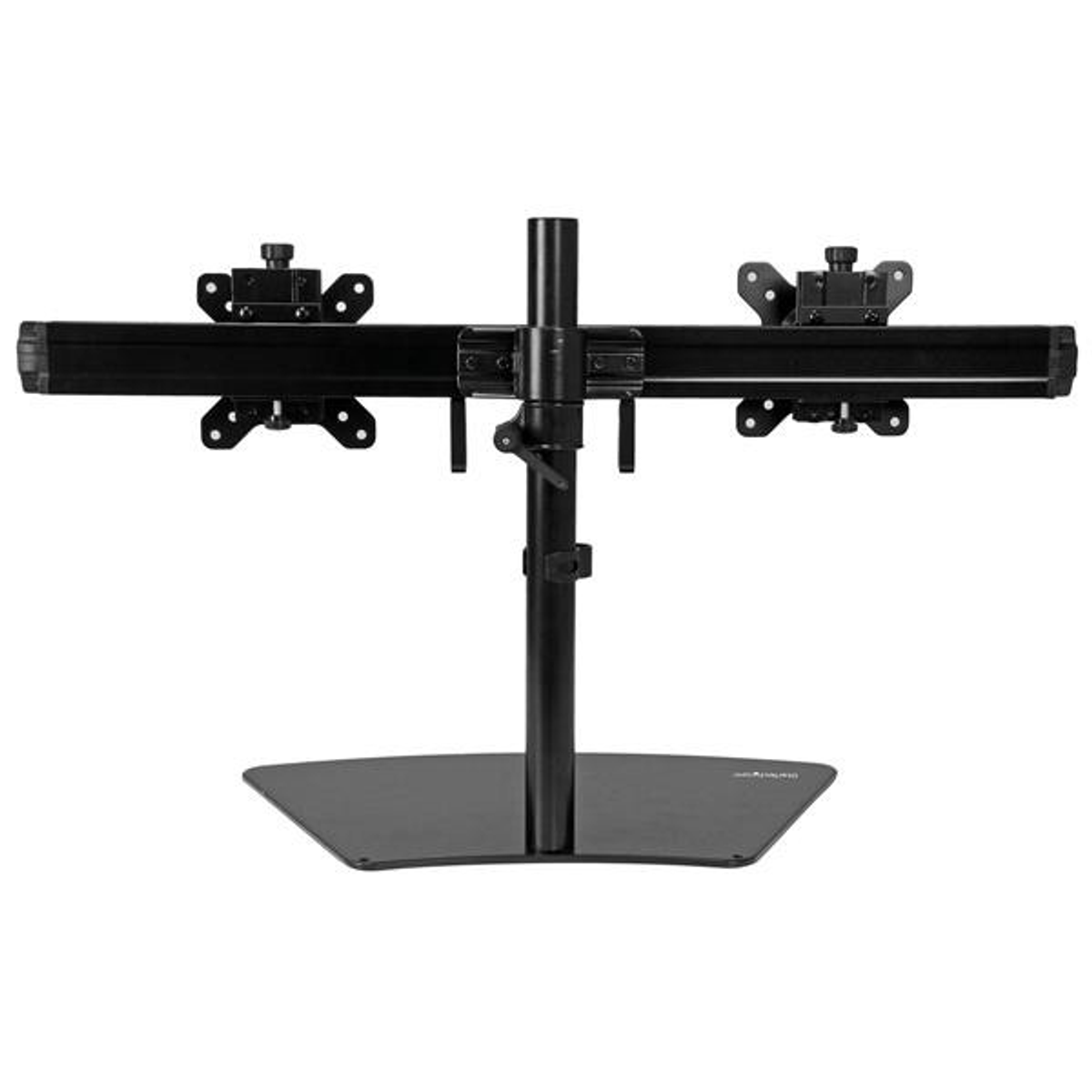 Soporte negro para monitor con dos brazos que se extienden horizontalmente.