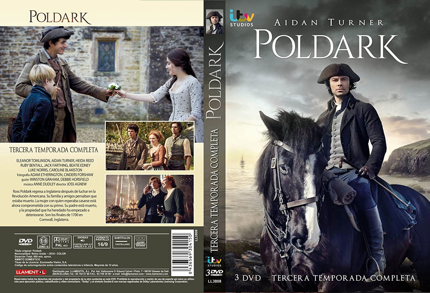 Portada de DVD de Poldark. Hombre a caballo, un hombre y una mujer mirándose. Texto y logo.