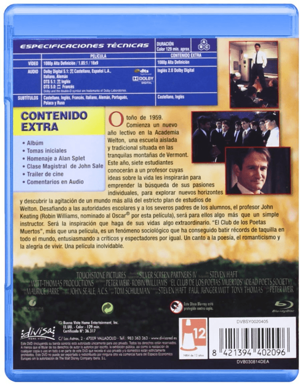 Contraportada de la película en DVD 'El club de los poetas muertos', con texto e imágenes fijas.