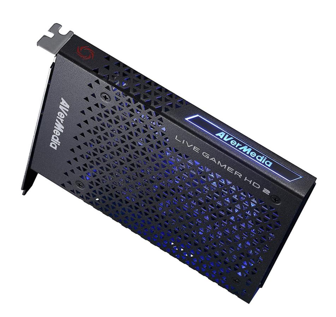 Siyah AVerMedia Live Gamer HD 2 yakalama kartı. Mavi aydınlatma ve logo içerir.