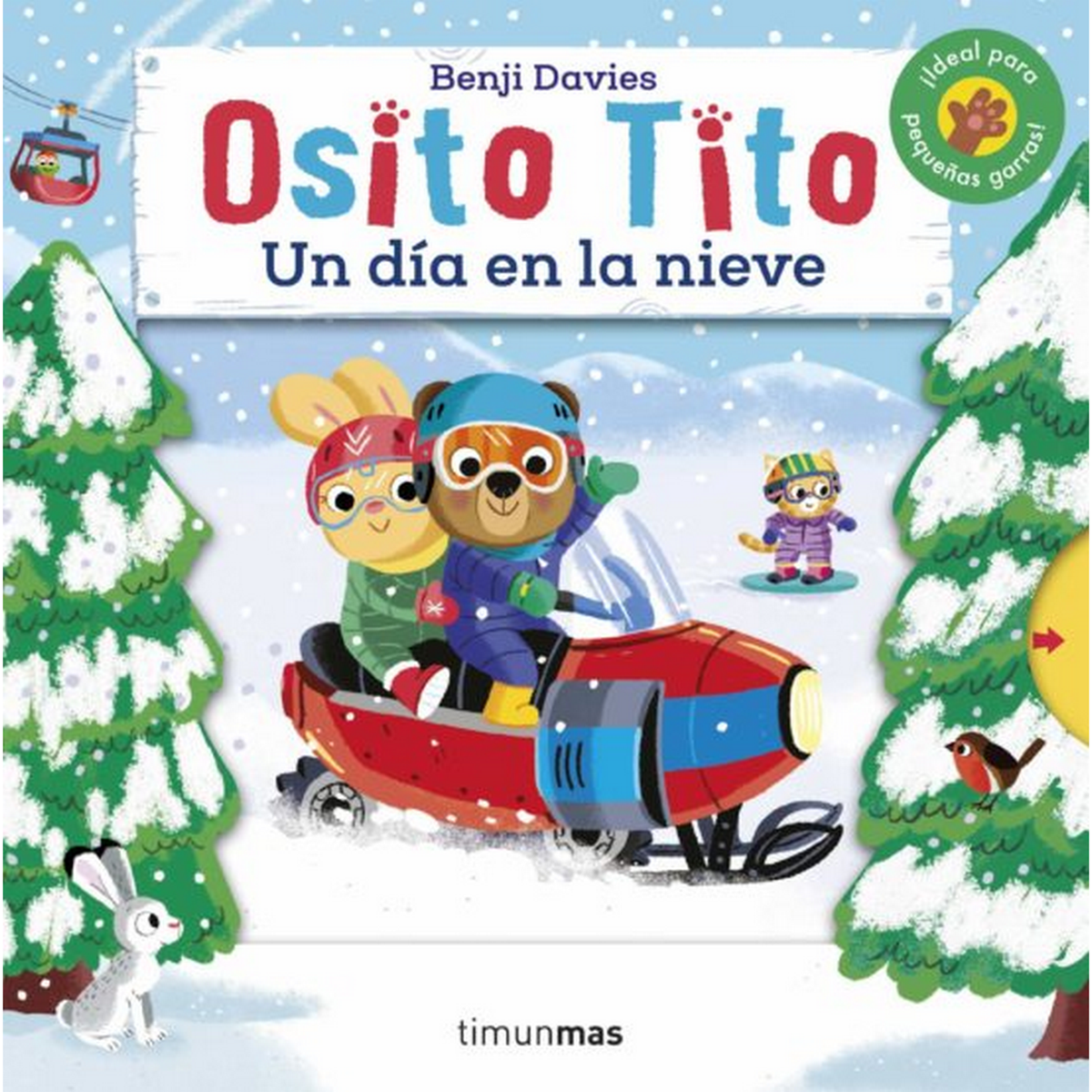 Portada del libro: 'Osito Tito', un oso y un conejo en una moto de nieve, estilo caricatura.